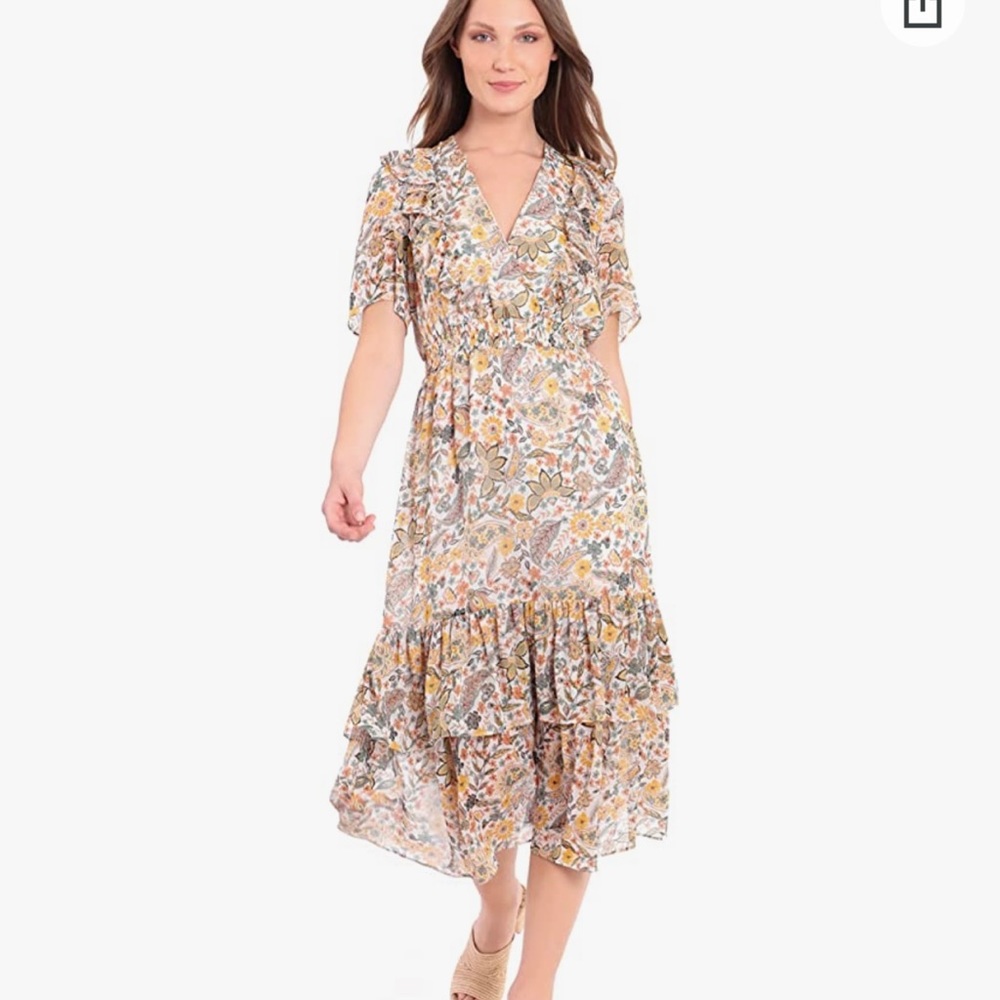 Brand: Donna Morgan  
Donna Morgan Women's Ruffle Front Detail Tiered Midi